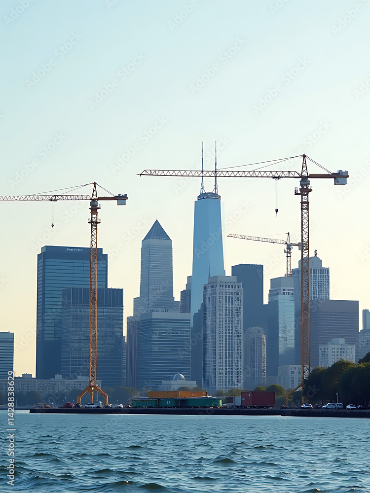 Urban Skyline With Busy Construction Cranes For Labor Day
