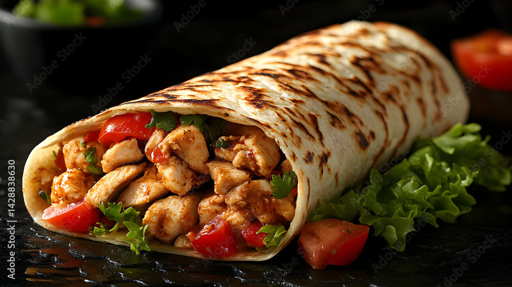 Chicken Shawarma Wrap presented on a black textured surface with elegant side garnishing