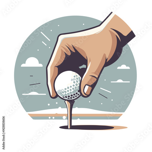 Hand placing golf ball on tee near flag on the course