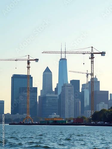 Obraz na płótnie Urban Skyline With Busy Construction Cranes For Labor Day w salonie