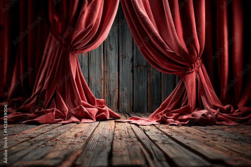 Classic concert stage with a red velvet curtain and wooden floor.
