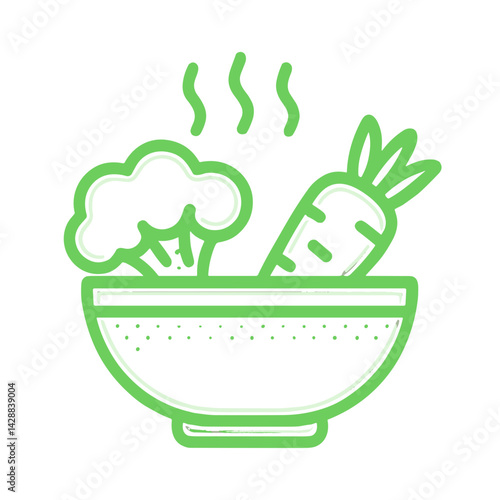 Outline illustration of a bowl with broccoli and carrot
