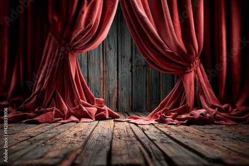 Classic concert stage with a red velvet curtain and wooden floor.