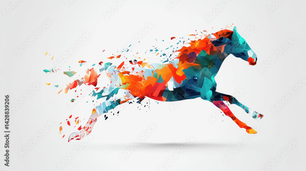Obraz premium Colorful artistic watercolor horse composed of shapes running through a dynamic abstract environment of shapes