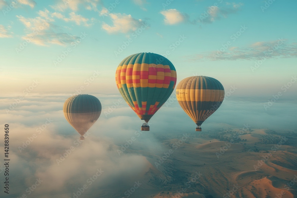 Obraz premium Aerial View of Colorful Hot Air Balloons Flying Over Desert Landscape – High-Angle Shot with Golden Dunes, Foggy Sky, and Dramatic Clouds, Sunrise Adventure, Travel Destination