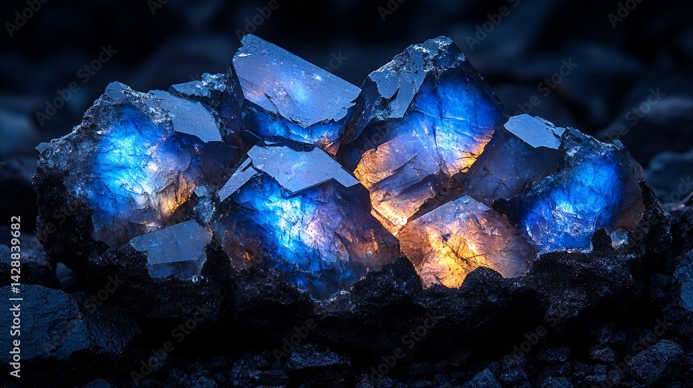 A cluster of blue and orange glowing crystals on a dark rock surface in a dim environment A cluster of blue and orange glowing crystals on a dark rock surface in a dim environment