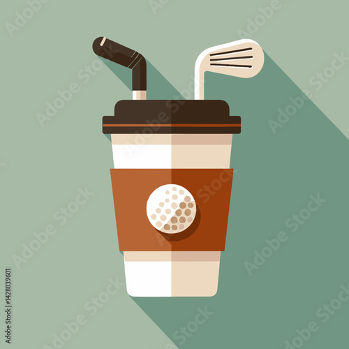 Coffee cup with golf clubs and straw on a soft background