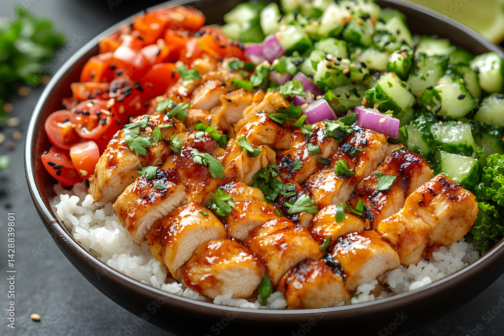 Chicken Teriyaki Bowl styled on dark grey background with clean plating and props