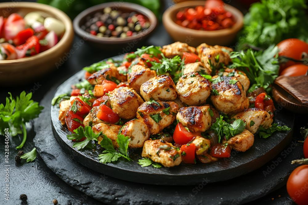 Chicken Tikka Masala styled on rustic black stone table with side ingredients