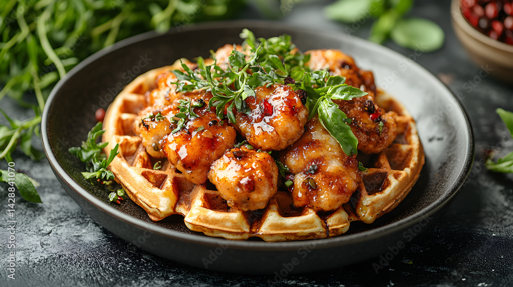 Chicken and Waffles served on dark grey textured plate with fresh garnish top view