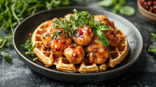 Obraz na płótnie Chicken and Waffles served on dark grey textured plate with fresh garnish top view w salonie