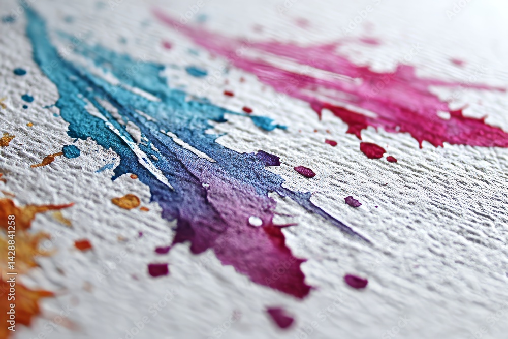 Artistic watercolor splashes on a textured paper background.