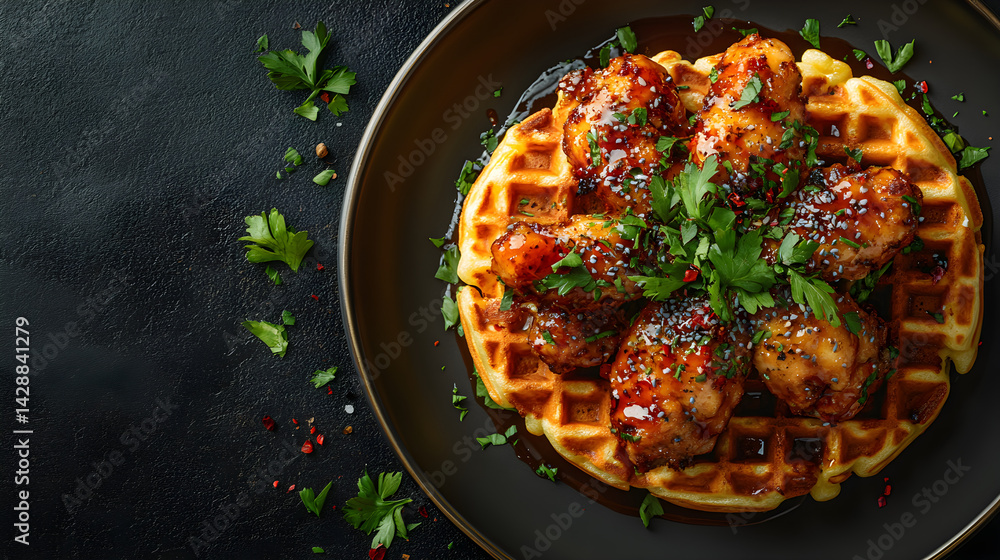 Chicken and Waffles served on dark grey textured plate with fresh garnish top view