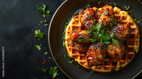 Obraz na płótnie Chicken and Waffles served on dark grey textured plate with fresh garnish top view w salonie