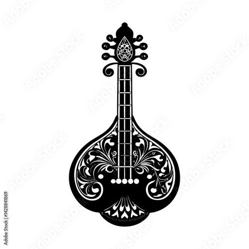 Detailed vector graphic of a traditional veena art silhouette
