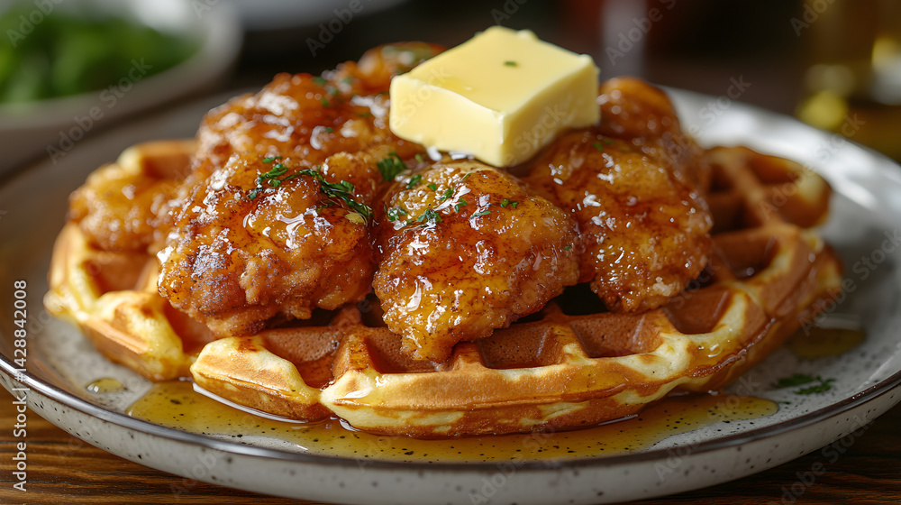 Chicken and waffles served with syrup and a side of butter