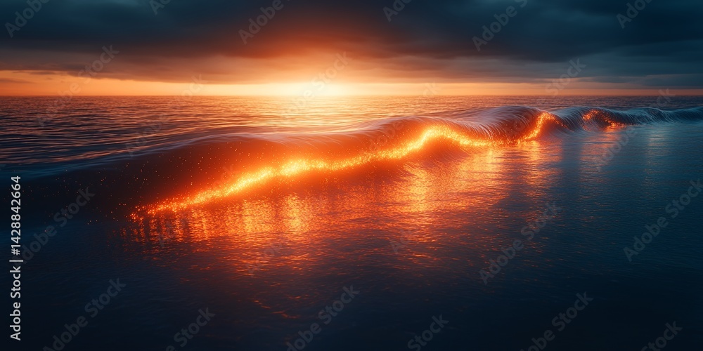 Fototapeta premium Ocean wave illuminated by sunset light creating a fiery glow on the water surface and reflections