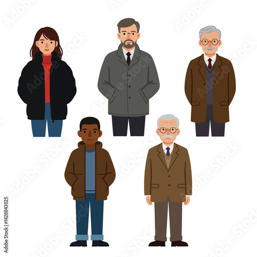 Diverse People in Coats & Jackets Character Set