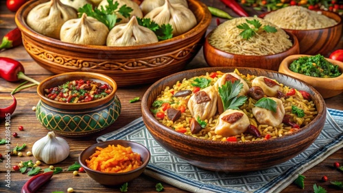 Wallpaper Mural Aromatic Steamed Dumplings Served with Savory Rice Pilaf and Vibrant Condiments on Rustic Wooden Table Torontodigital.ca