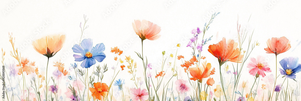 Fototapeta premium Watercolor wildflowers, pastel blue, orange, pink, purple, and yellow colors on a white background with a beige color palette.