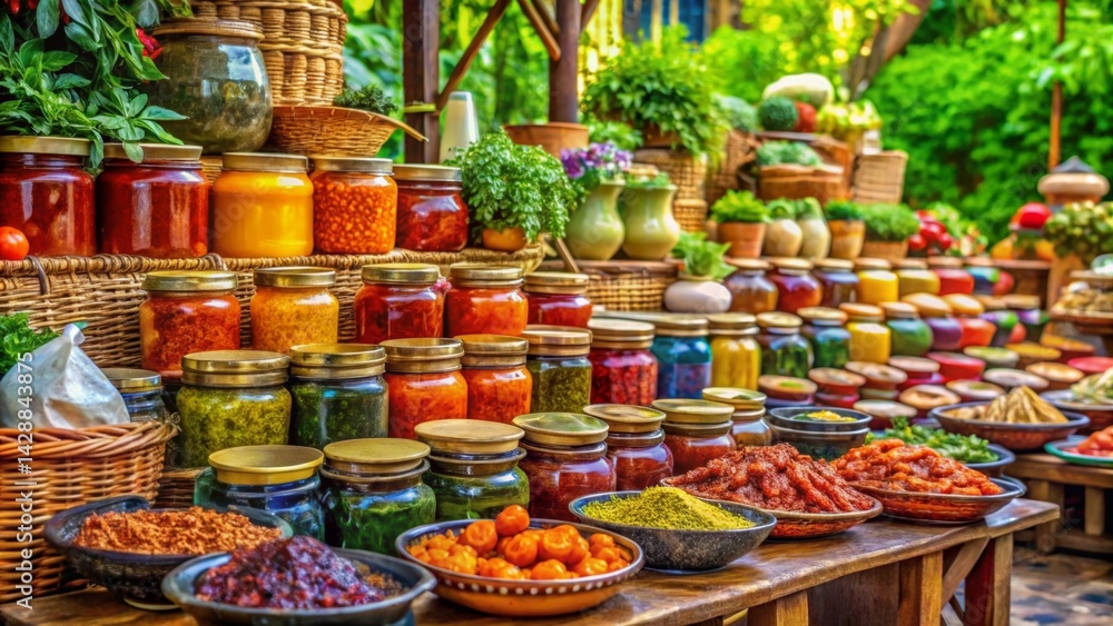 Fototapeta premium Vibrant array of preserved culinary delights, meticulously arranged in glass jars and bowls, showcases a diverse spectrum of colors and textures, promising a flavorful journey for the palate.