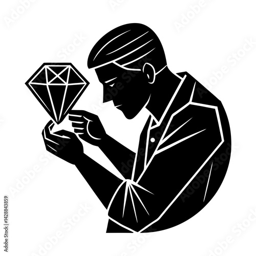 Jeweler evaluating quality of a precious gemstone silhouette