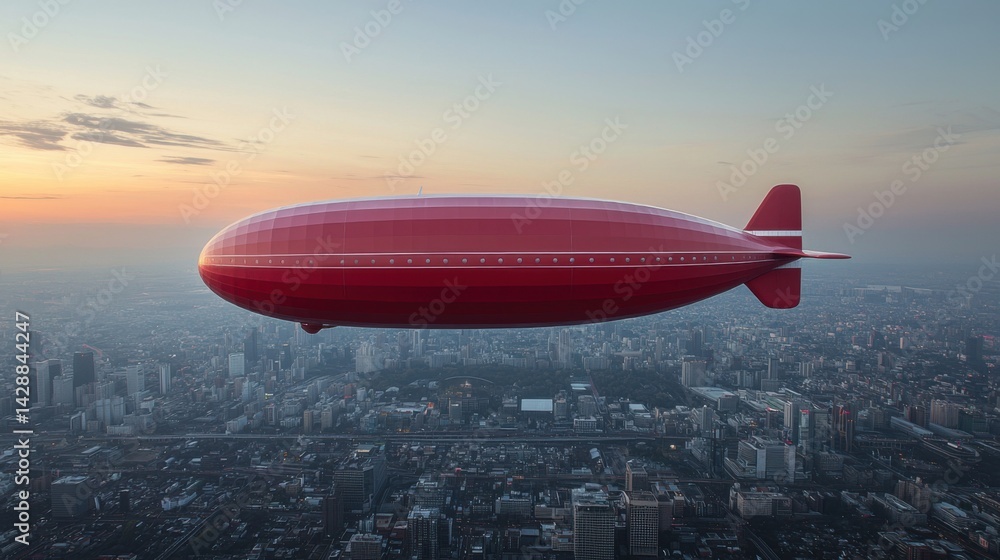 Obraz premium Red Airship Floating Above Cityscape at Sunset with Clear Sky