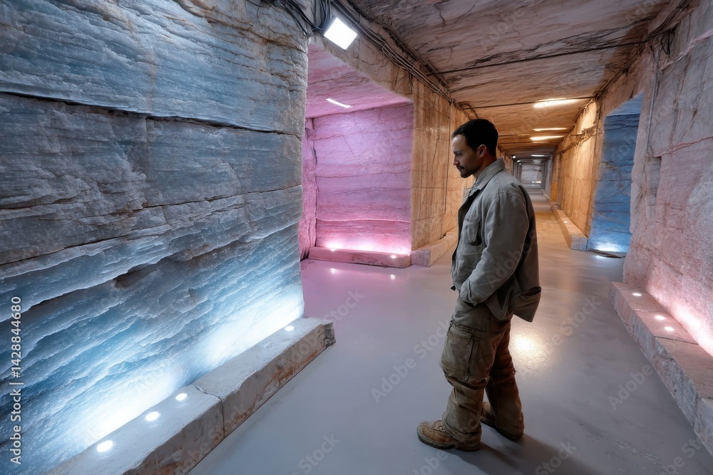 Fototapeta premium A beautiful underground corridor in a salt mine, illuminated by colorful lights that enhance the natural textures of the salt walls and create a captivating atmosphere.