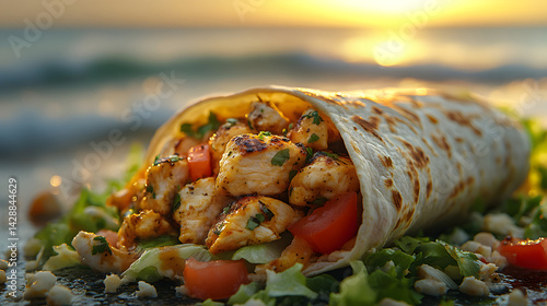 Chicken wrap with lettuce, tomato, and grilled chicken on a tortilla