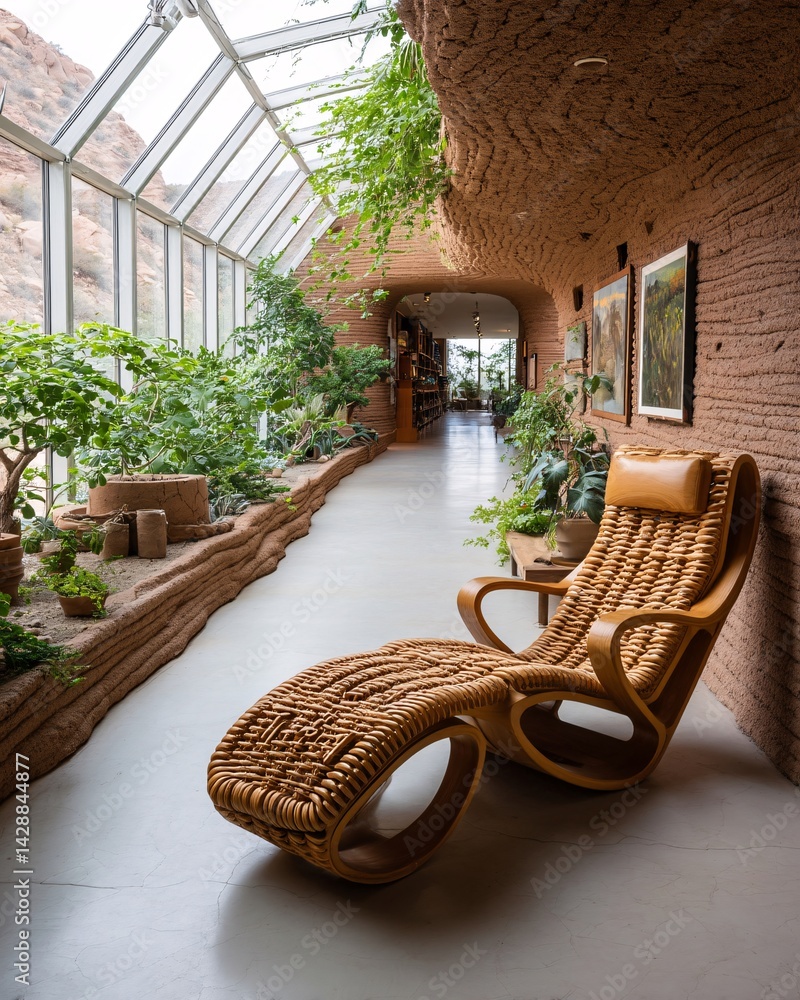 Cozy indoor space with wooden lounge chair and vibrant greenery near large glass windows