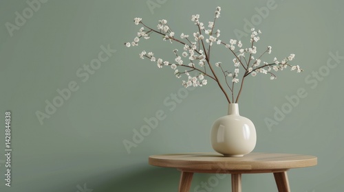 A vase of flowers sits on a wooden bench in front of a green wall.