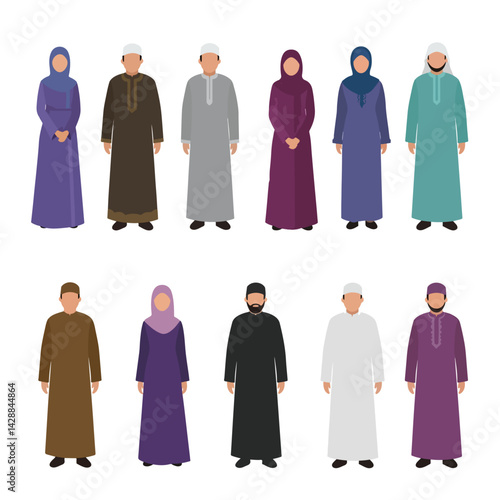 Diverse Muslim People in Traditional Attire Set