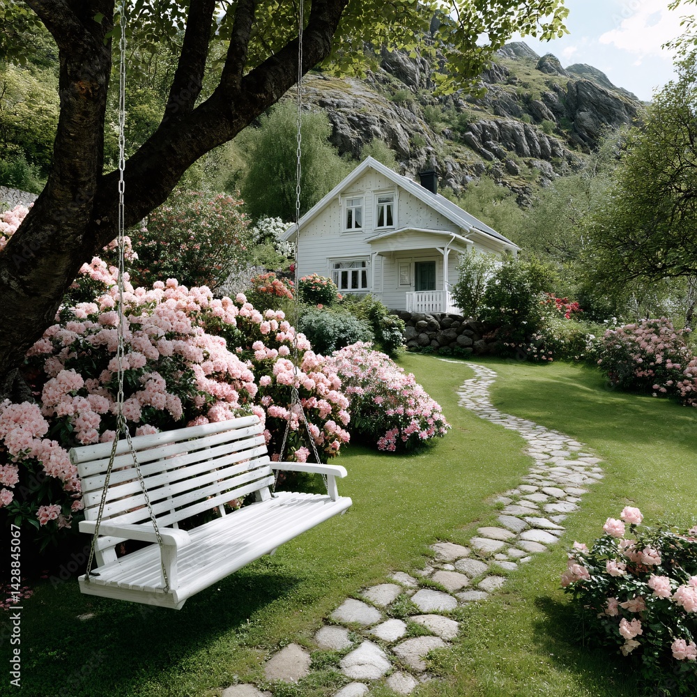 Tranquil garden scene with swing chair surrounded by blooming flowers and serene countryside house