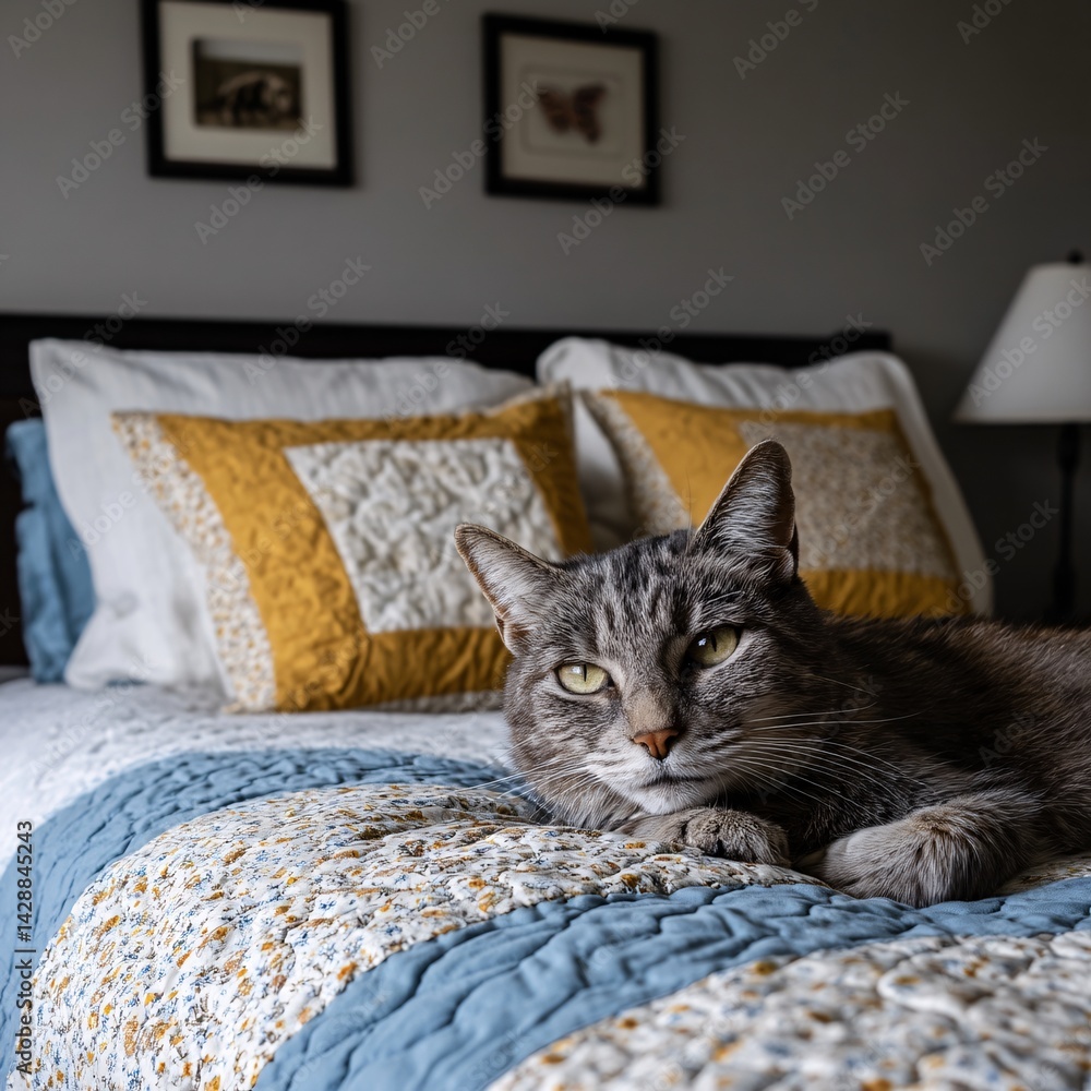 Relaxed grey cat on bed with decorative pillows in cozy indoor setting during daylight hours