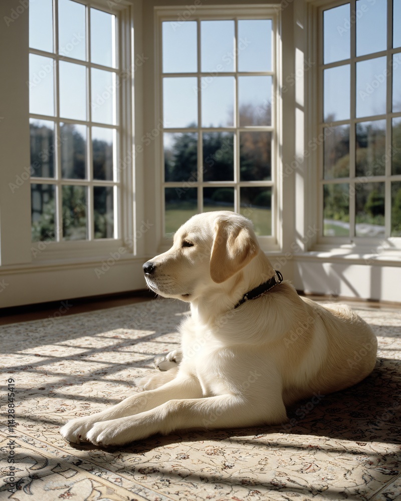 Calm and Relaxed Labrador Retriever Dog Sitting by Bright Window in Cozy Indoor Setting
