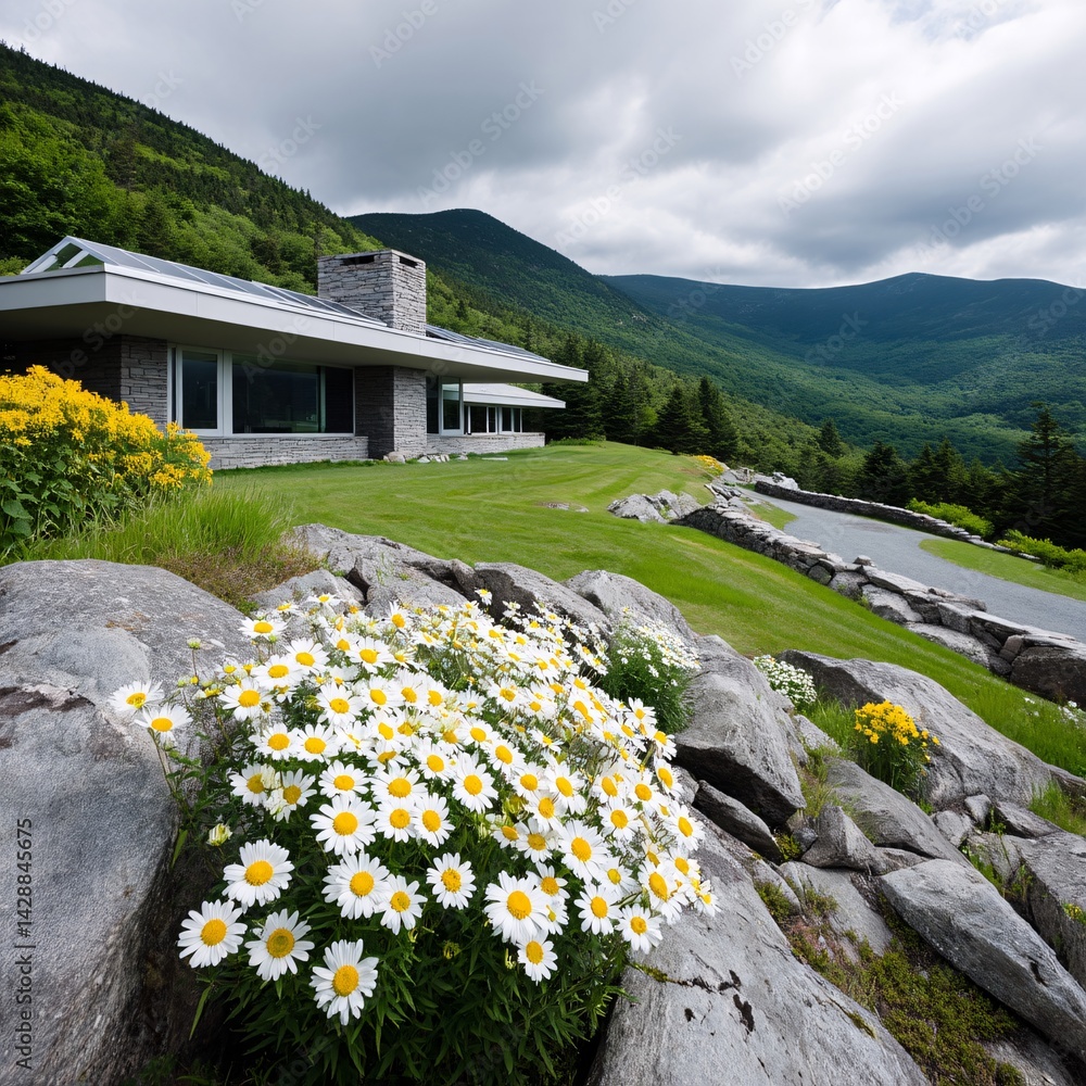 Modern House Surrounded by Nature with Beautiful Flowers and Scenic Mountain View