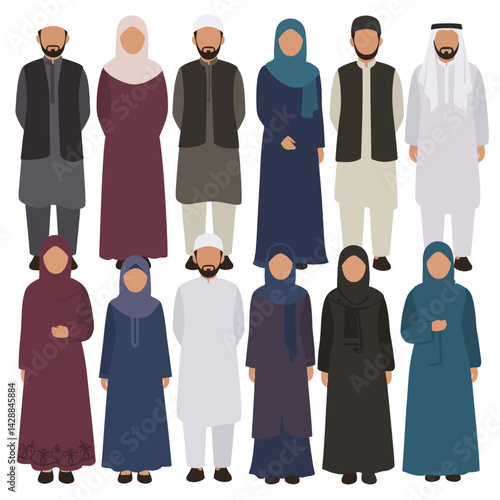 Diverse Muslim People in Traditional Attire Set