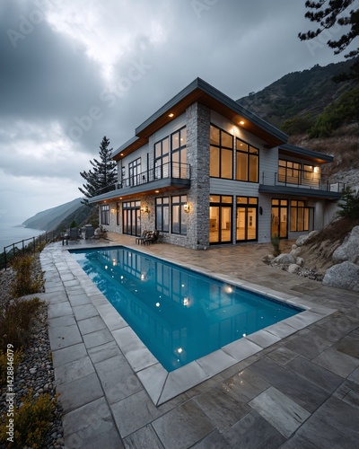 Obraz na płótnie Modern Coastal House with Pool and Scenic Views Under a Dramatic Cloudy Sky w salonie
