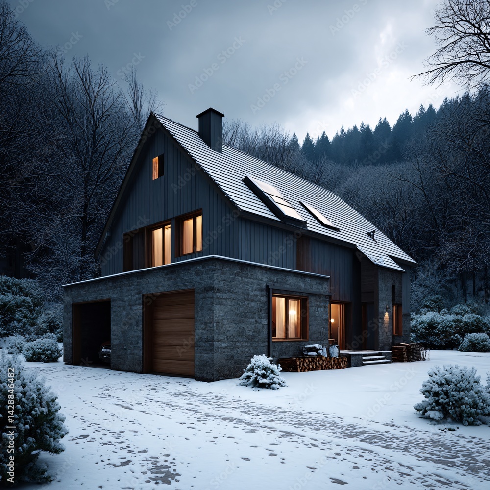 Modern Winter Cabin Surrounded by Snowy Trees on a Quiet Evening with Warm Light from Windows