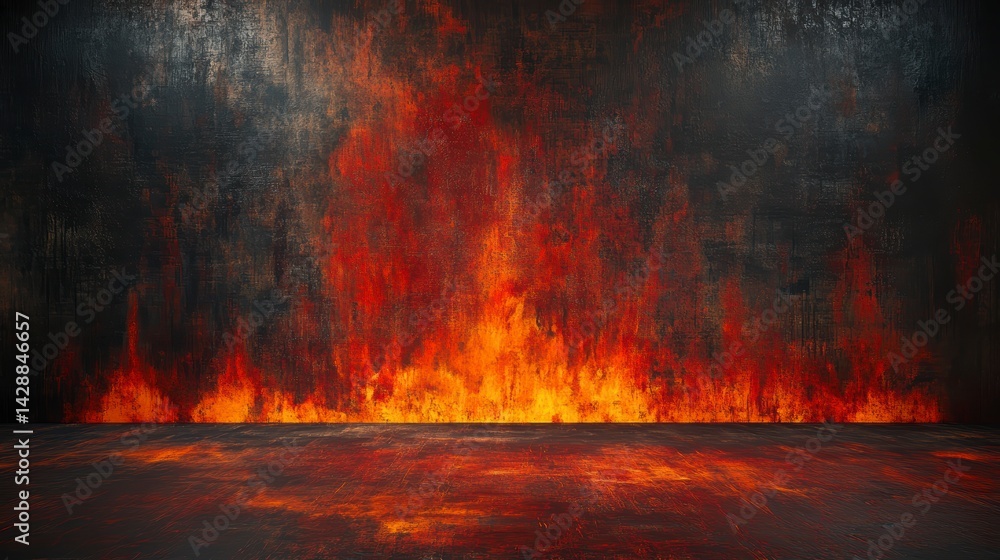 Fototapeta premium Fiery inferno backdrop. Dark grunge wall with intense flames and smoky floor.