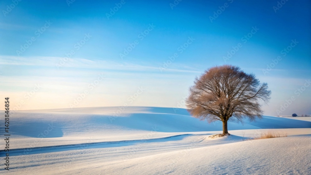 Serene Winter Landscape Solitary Tree on Snow-Covered Rolling Hills Under a Vast Blue Sky Serene Winter Landscape Solitary Tree on Snow-Covered Rolling Hills Under a Vast Blue Sky