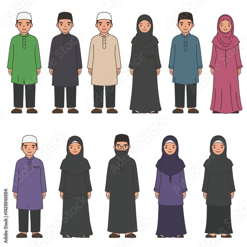Diverse Muslim People in Traditional Attire Set