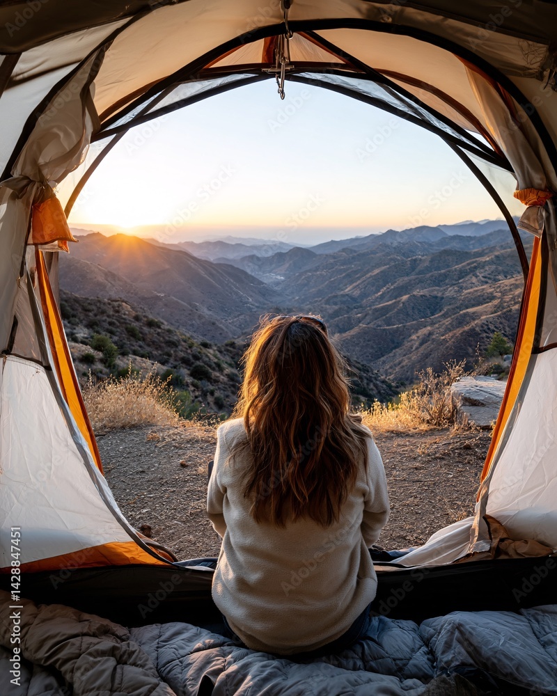 Woman Enjoying Sunrise View from Tent in Mountain Landscape with Scenic Nature Background