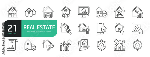 Set Of Real Estate Line Icons. Contains such icons as House, Home, Mortgage, Plan, Real Estate Insurance, Real Estate Agent, House Key, Domestic Life, Real Estate Construction, Relocation, and more.