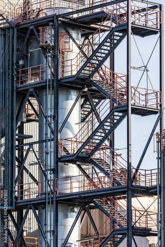 Industrielles Bauwerk zur Speicherung von Produkten, das über eine Treppe zugänglich ist