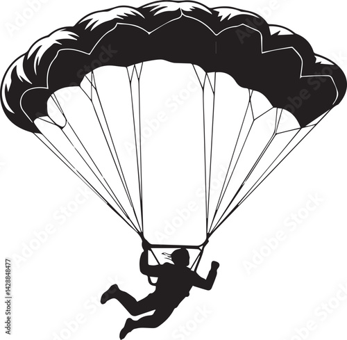 Parachutist flying in the sky. Black and white vector illustration.