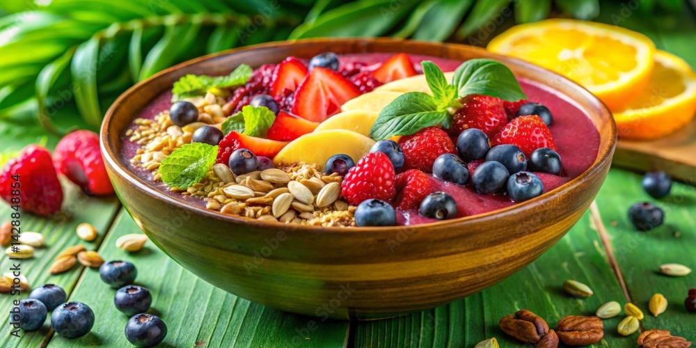A vibrant and healthy smoothie bowl brimming with fresh berries, tropical fruit slices, crunchy granola, and a refreshing mint garnish, all served in a rustic wooden bowl on a lush green backdrop. A vibrant and healthy smoothie bowl brimming with fresh berries, tropical fruit slices, crunchy granola, and a refreshing mint garnish, all served in a rustic wooden bowl on a lush green backdrop.