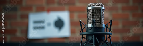 Podcast Microphone With Equal Rights Banner For World Press Freedom Day