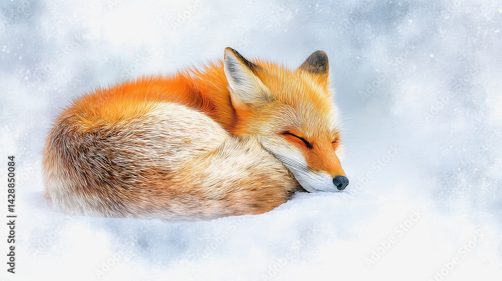 Obraz premium Cozy watercolor fox curled up in a snowy den, enjoying the warmth of winter, surrounded by soft snowflakes and ice