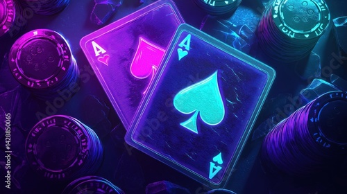 Neon Ace of Spades and Hearts Poker Scene